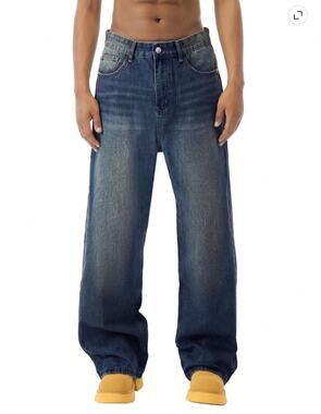 NWT ~ Men's Wide Leg Denim Dk Blue Jeans Y2K Loose Fit 90s Streetwear Pants ~ 2X